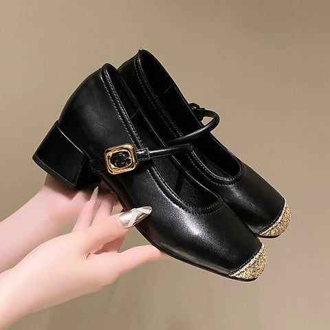 Sonicelife Bling Mixed Color Ballet Shoes Flat with Round Toe Buckle Strap Black Silvery Shallow Mary Jane Shoes Summer Elegant Dress Shoes