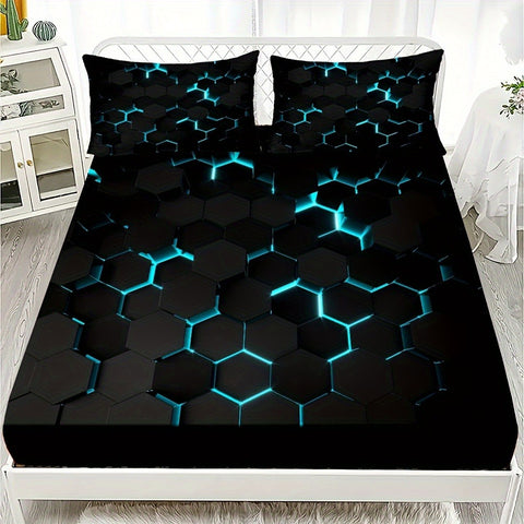 Sonicelife Blue 3D Hexagonal Honeycomb Geometry Print Fitted Sheet Set Column Mosaic Art Neon Mattress Covers Bedding Set With Deep Pocket