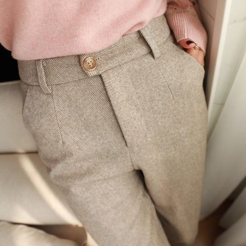 Sonicelife Woolen Pants Women Harem Pencil Pants Spring High Waist Pockets Suit Pants Office Lady Striped Zipper Trousers