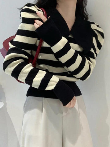 Sonicelife-Striped Puff Sleeve Knit Sweater
