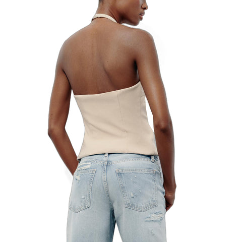 Sonicelife Women's Hanging Strap Hollow Buckle Neck Top Open Back Design Versatile Fashion New