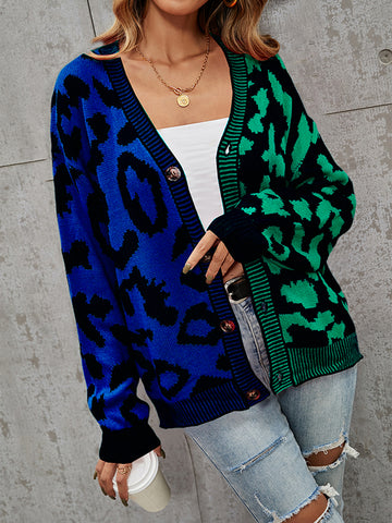 christmas outfit Sonicelife Long Sleeves Loose Buttoned Leopard Split-Joint V-Neck Cardigan Tops