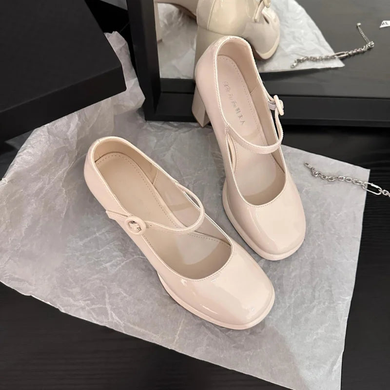 Sonicelife Jane High Heel Chunky Single Shoes Women 2025  Spring Autumn New Retro Shallow  Temperament Mid-heel Women‘s Sandals