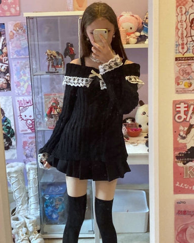 Sonicelife Y2K Winter's Black Knitwear Cute girly knitwear Korean 2000s aesthetic long sleeve knitwear with one shoulder off the shoulder