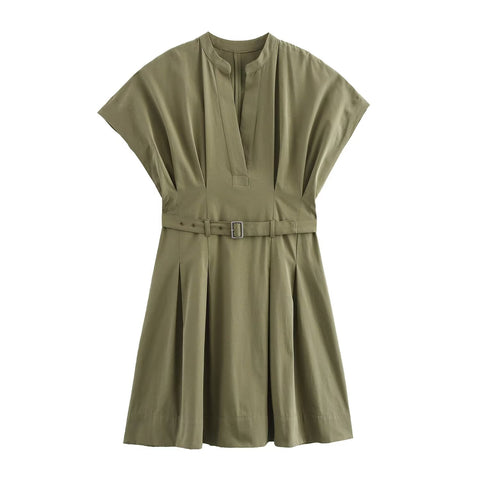 Sonicelife Women's Versatile Short Dress with V-neck and Pleated Waistband Design Commuting Style Solid Color New