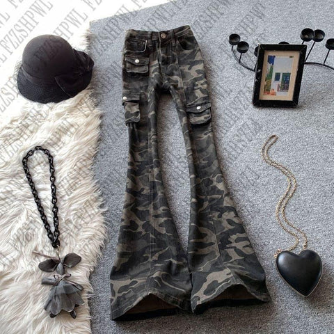 Sonicelife Y2K Metal Rock Jeans Vintage Women's Skinny Punk Pants High Street Cool Girl bell-bottoms Tide Camouflage Streetwear Trousers