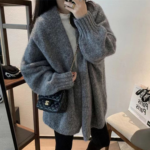 Sonicelife Autumn Winter Thicken Warm Women Cardigan Sweater Korean Lazy Wind Soft All Match Cardigans Tops Solid Loose Knitted Coats