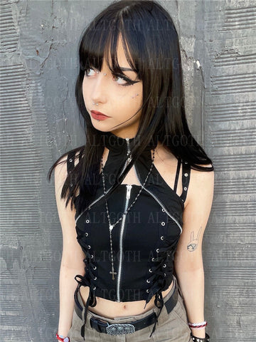 Sonicelife Harajuku Dark Goth Vest Women Cyber Punk Streetwear Bandage Hollow Out Corset Crop Tank Tops Emo Alternative Rave Outfit