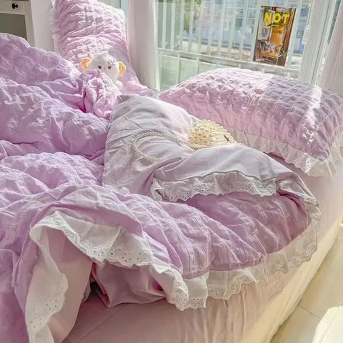 Sonicelife Ins Style Korean Princess Bedding Set Duvet Cover Wash Cotton Solid Color Summer Soft Bed Sheet Set Comfortable Set Quilt Cover