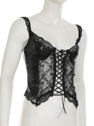 Sonicelife Harajuku Gothic Pu Vest Women Streetwear Dark Cyber Punk Hotsweet Aesthetic Lace Patchwork See Through Crop Tank Tops