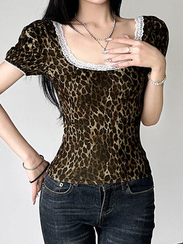 Sonicelife Lace Trim Leopard Print Square Neck Puff Sleeve Top