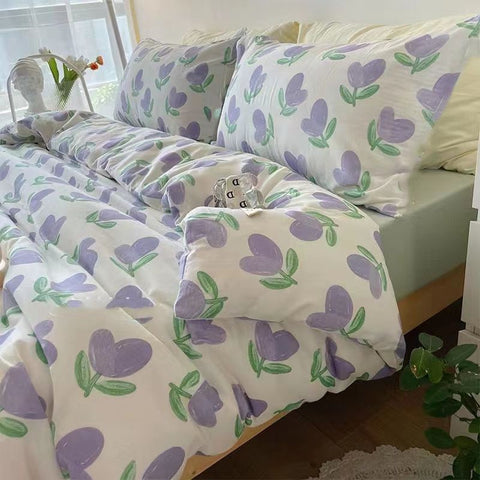 Sonicelife Floral Bedding Set Purple Tulips Ins Single Queen Size Duvet Cover No Filler Flat Sheet Pillowcase Home Hotel Bed Linens