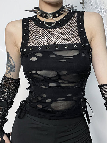 Sonicelife Mall Gothic Vest Women Sexy Hole See Through Lace-up Crop Tank Tops Streetwear Cyber Punk New Fashion Rave Outfits Femme