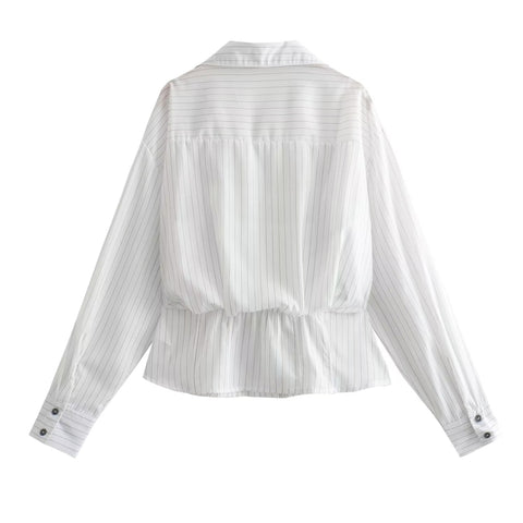 Sonicelife Women's New Striped Shirt Wrapped Chest Inner Lining Waist Slim Fit Commuting Style Single breasted Long sleeved Top