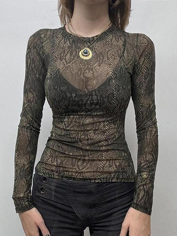 Sonicelife Sheer Snake Print Mesh Long Sleeve Top