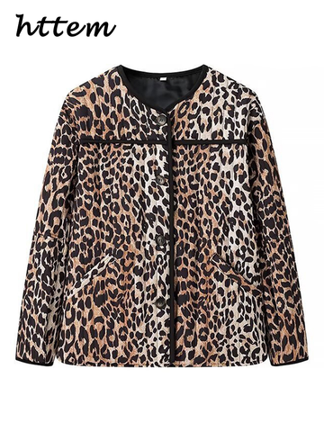 Sonicelife Panelled Leopard Print Cotton Coat Women Vintage O-neck Single Breasted Pockets Long Sleeves Quilted Jacket 2024 Lady Chic Parka