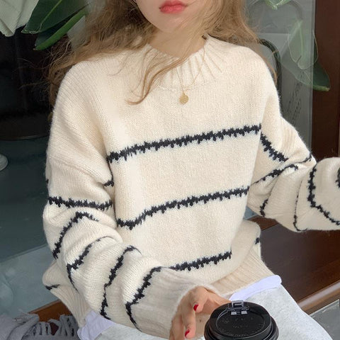 Black Friday Sonicelife Knitted Striped Pullover Sweaters Women Casual Loose Warm O-neck Long Sweater Female Autumn Elegant Chic Simple Daily Knitwear