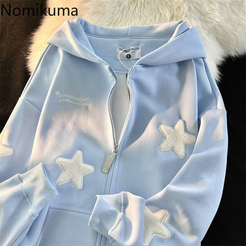 Sonicelife Streetwear Embroidery Star Hoodie Women Clothing Thicked Zipper Hooded Jackets Y2k Tops Casual Fashion Vintage Sweatshirts Coat