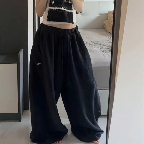 Sonicelife Oversize Cotton Pants Woman Y2K Casual Drawstring Trousers Korean Streetwear High Waist All Match Jogger Pants Grey Sweatpants