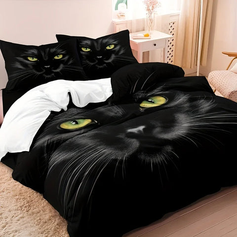 Sonicelife 3pcs Duvet Cover Set, Black Cat Print Bedding Set, Soft Comfortable Duvet Cover, For Bedroom, Guest Room