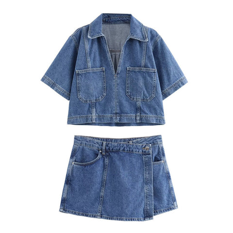 Sonicelife Spring New Women's Fashion Temperament Casual Versatile V-neck Short Denim Shirt Double Breasted Denim Skirt Set