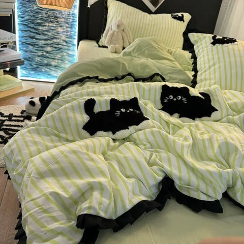 Sonicelife Korean Style Bedding Set Green Strip Black Cat Embroidery Washed Cotton  Duvet Cover Cute Cardboard  Bed linen Comforter Sets