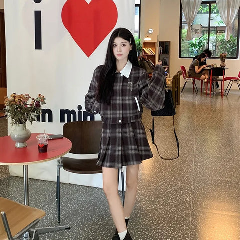 thanksgiving outfit Sonicelife 2024 Autumn New Women's Plaid Jacket And Skirt Set Chic Vintage Simple Style With Leather Belt Fashion Dress Outfit