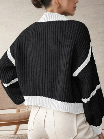 Black Friday Sonicelife Casual Knitted Contrast Color Cardigan Women Loose Long Lantern Sleeve Open Sweater Coats Female Autumn Retro Chic Knitwear