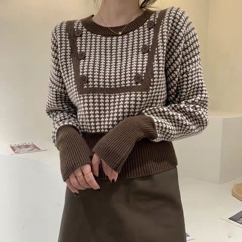 Sonicelife Houndstooth Vintage Sweaters Women Long Sleeve Casual Patchwork Knitted Jumpers Korean Loose O Neck Retro Buttons Pullovers
