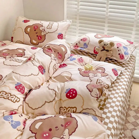 Sonicelife Kawaii Duvet Cover Bedding Set No filler Ins Style Cartoon Flat Sheet Pillowcase Single Full Bed Linen Girls Boys Home Deco 2024