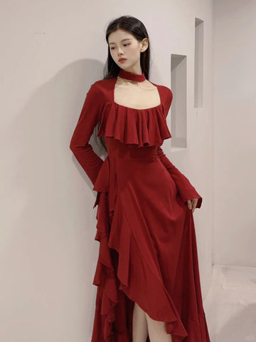 Sonicelife Summer Red Vintage Elegant Dress Women Flare Sleeve Designer Sweet Long Dress Female Ruffles Retro Princess Irregular Dress 2025