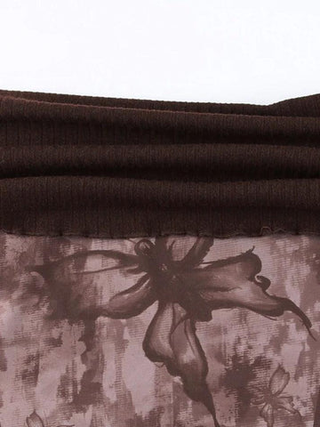Sonicelife-Vintage Print Off Shoulder Mesh Splice Long Sleeve Knit