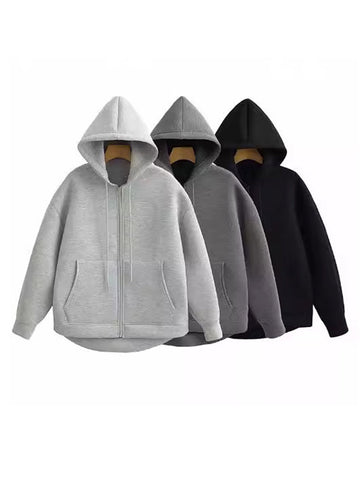 Black Friday Sonicelife Casual Solid Zipper Hoodies Women Loose Drawstring Pockets Thick Sweatshirt Jackets Female Autumn Fashion Simple Outwear