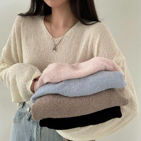 Sonicelife Solid Color V-Neck Oversized Knitted Tee