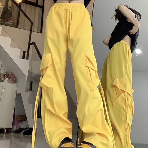 Sonicelife Causal Baggy Cargo Pants High Waist Y2K Big Pockets Streetwear Student Trousers Loose Fall Korean Solid Female Pants