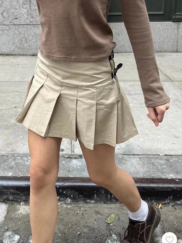 Sonicelife Casual Women Fashion Soft Cotton Khaki Pleated Mini Skirts 2025 Summer Vintage High Waist Side Zipper Female Chic Bottoms