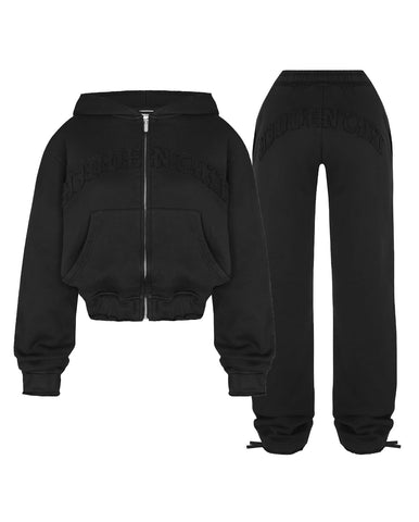 Sonicelife Black zip-up hoodie sweatpants Two-piece Y2K Clothing Women's hip Hop Solid color embroidered casual sweatshirt casual pants emo