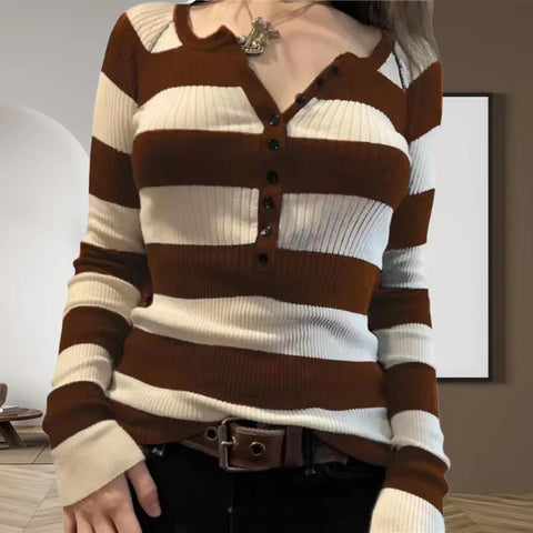 Sonicelife Striped Button Up Ribbed Knit Top