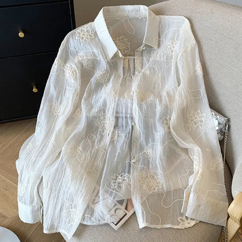 Sonicelife Elegant Sun Proof White Shirt Women Long Sleeve Embroidery Blouse Loose Korean Fashion Design Female Oversize Thin Tops New