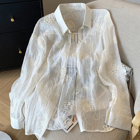 Sonicelife Elegant Sun Proof White Shirt Women Long Sleeve Embroidery Blouse Loose Korean Fashion Design Female Oversize Thin Tops New