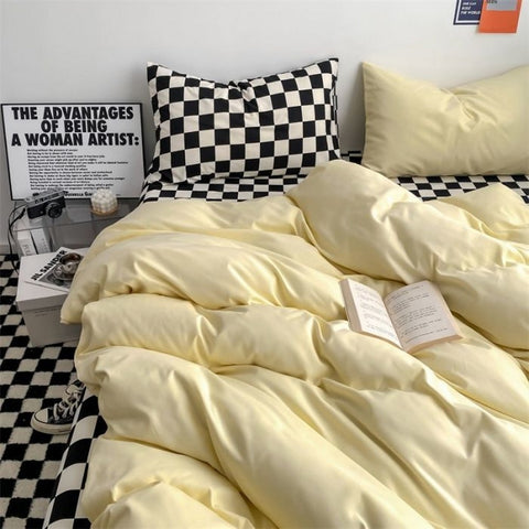 Sonicelife Checkerboard Bedding Sets Solid Color Fashion Single Double Queen Size Duvet Cover Flat Sheet Pillowcases Hotel Home Bed Linen