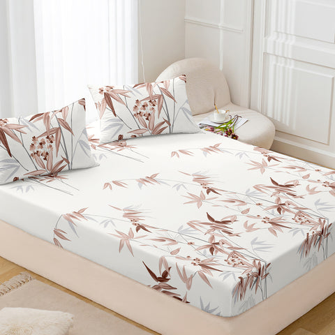 Sonicelife 3pcs Soft & Breathable Plant Printed Fitted Sheet Set - Luxurious Bedding for a Comfortable Sleeping Experience in Bed Sheet Set