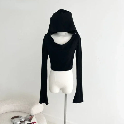 Sonicelife Gothic Black Tshirts for Women Y2k Crop Tops Shirts 2025 Summer Hooded Long Sleeve Tees Korean Fashion Casual Sexy T Shirt New