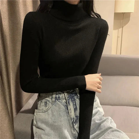 Black Friday Sonicelife Korean Turtleneck Sweater Women Casual Elegant Chic Slim Office Lady Long-Sleeved Knitted Warm Pullover Solid Bottom Shirt Tops