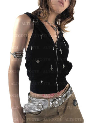 Sonicelife Streetwear Gothic Dark Vest Women Harajuku Y2k E-girl Cyberpunk Cross Hooded Crop Tank Top Emo Alt Grunge Outfits Female