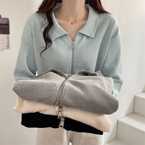 Sonicelife Chic Double Zipper Sweatshirts Women Casual Long Sleeve Fashion Short Tops Fall Preppy Style Sweet Design Loose Sweatshirts