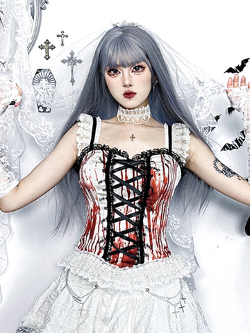 Sonicelife Halloween Dark Gothic Camis Women Streetwear Sexy Cyber Punk Y2k Grunge Blood Red Printed Lace Patchwork Crop Tank Tops