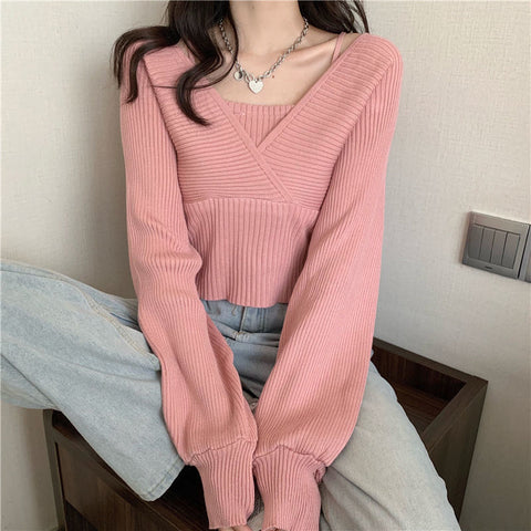 Black Friday Sonicelife Autumn Fake Two-Piece Sweater Women Knitted Solid Slim Long-Sleeved Pullover Fashion Casual Sweet Pretty Style Female Tops