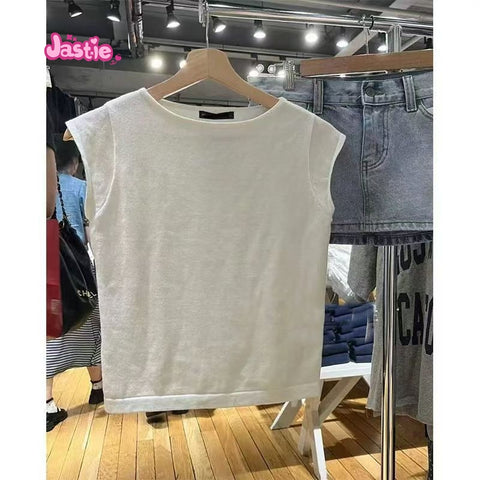 Sonicelife New Autumn College Style Knitted Vest Short Sleeve Sweet Knitting T-shirt Round Neck Soid Color Simple Y2K Tank Top Korean