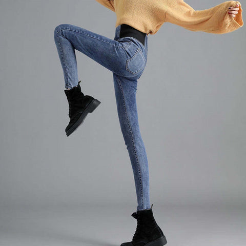 Sonicelife Thickened Pencil Pants Fall Winter Cashmere Warm Imitation jeans For Women High Waist Casual Women Office Trousers